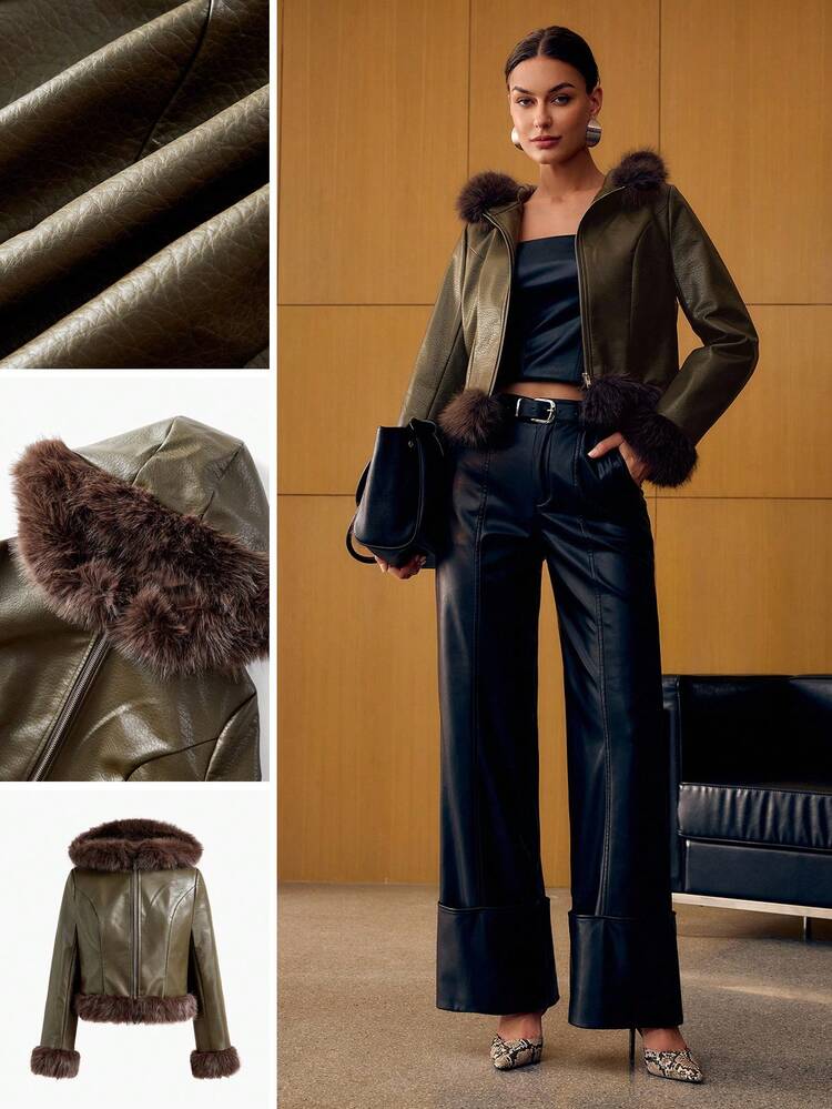 PU LEATHER CONTRAST FAUX FUR WINTER COAT