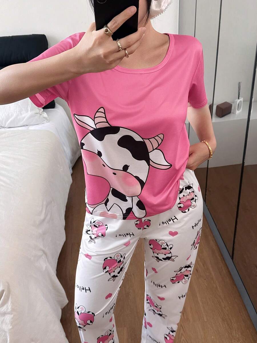 SHEIN 2 件套可爱奶牛印花针织短袖睡衣套装，舒适睡衣 - 彩色 - 查看 1
