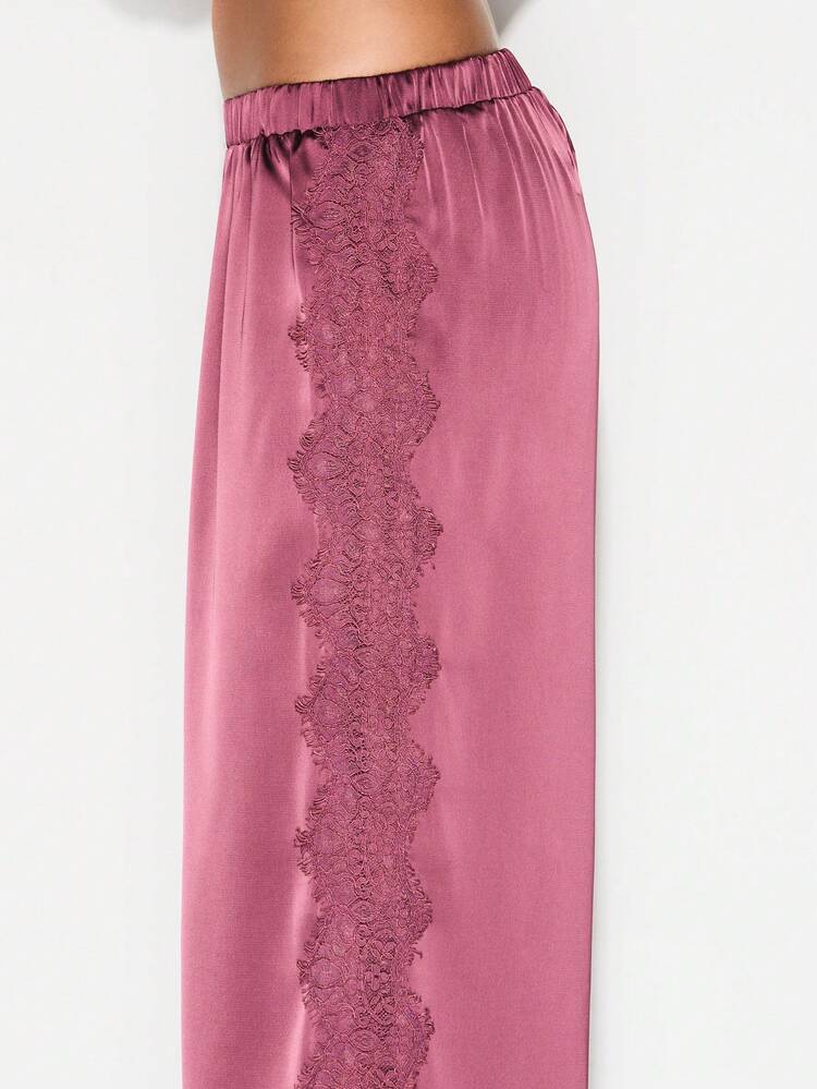 KIZN Pantalones palazzo de satén de pierna ancha con detalles de encaje para un lujoso atuendo de estar en casa y ropa de dormir