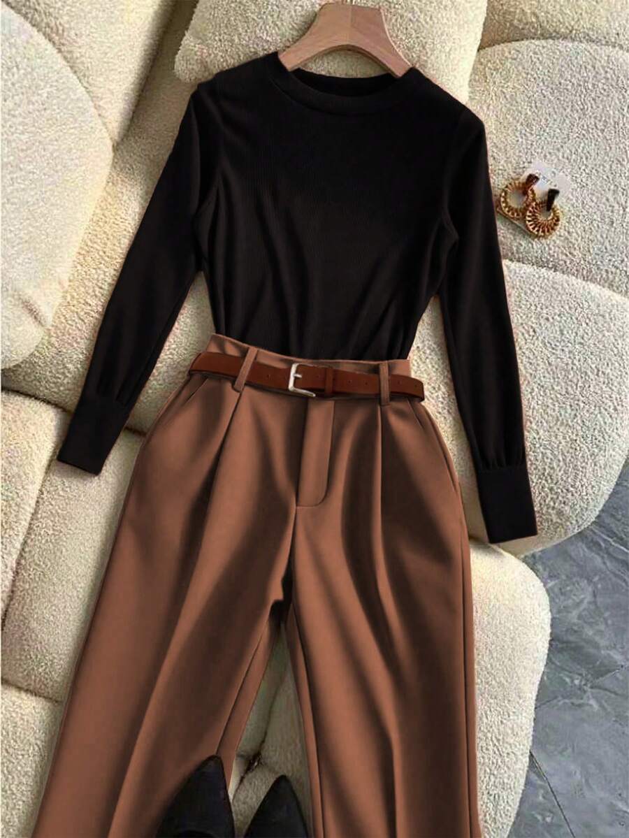 SHEIN Franclia 2pcs Women's Fashionable Casual High-Quality Ribbed Top And Solid Color Pants Set, Spring/Autumn - Multicolor - View 1