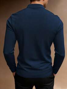 Manfinity Mode 男士长袖拉链休闲通勤Polo衫 - 藏蓝色 - 查看 2