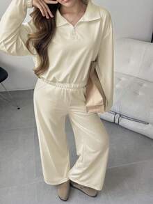 2-teiliges Set: Damen & Teenager Mädchen unifarbener Crop Sweatshirt mit Stehkragen und Langarm + weite Schlupfhose Set, lässige Sportkleidung, minimalistisch & elegant