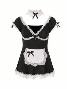 Fantasy Costume 2pcs Halloween Fantasy Costume Lace Trim Bow Patchwork Women Lingerie Set Maid Costume Maid Outfit Lingerie Maid