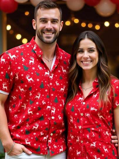 HIMLAND Chemise à manches courtes décontractée et à la mode pour homme, imprimé sapin de Noël et renne