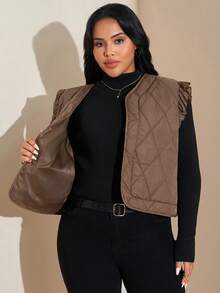 SHEIN PETITE CURVE 大码纯色简约日常穿着荷叶袖夹棉大衣 - 棕色 - 查看 6