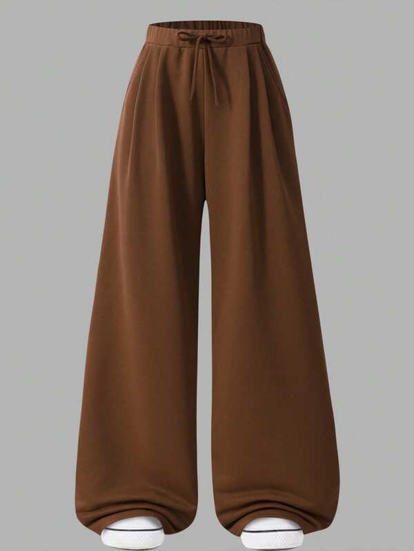 SHEIN Teen Girls' Casual Versatile Drawstring Waist Wide Leg Pants