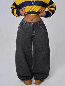 Jeanoix Plus Size Women Casual Embroidered Washed Long Pants - Dark Grey - View 5
