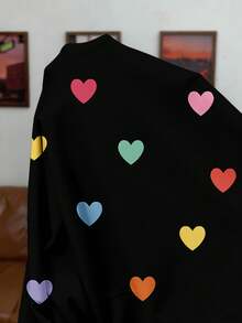 SHEIN EZwear Lässiges, süßes, bunter Herz-Muster Rüschen-Manschette & Kragen Schwarz Damen Große Größen T-Shirt, Herbst/Winter