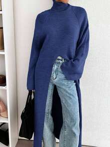 EURMUSE Maglione lungo casual da donna con collo alto e spacco profondo - Blu Navy - Visualizzare 5