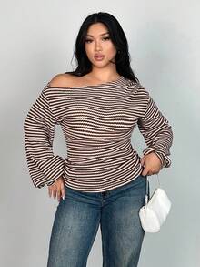 Firerie Tricou cu mânecă lungă cu umeri oblici, mărime plus, mânecă lungă cu textură de ananas, topuri asimetrice de toamnă pentru femei