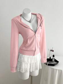 Elamini 秋季性感复古印花修身收腰短款女式卫衣 - 淺粉色 - 查看 4