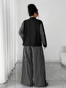 Elenzga 女式立领数码印花几何线条图案长袖前开衫，法式优雅风格；搭配直筒印花裤，适合办公室穿着和日常穿着 - 黑色 - 查看 3