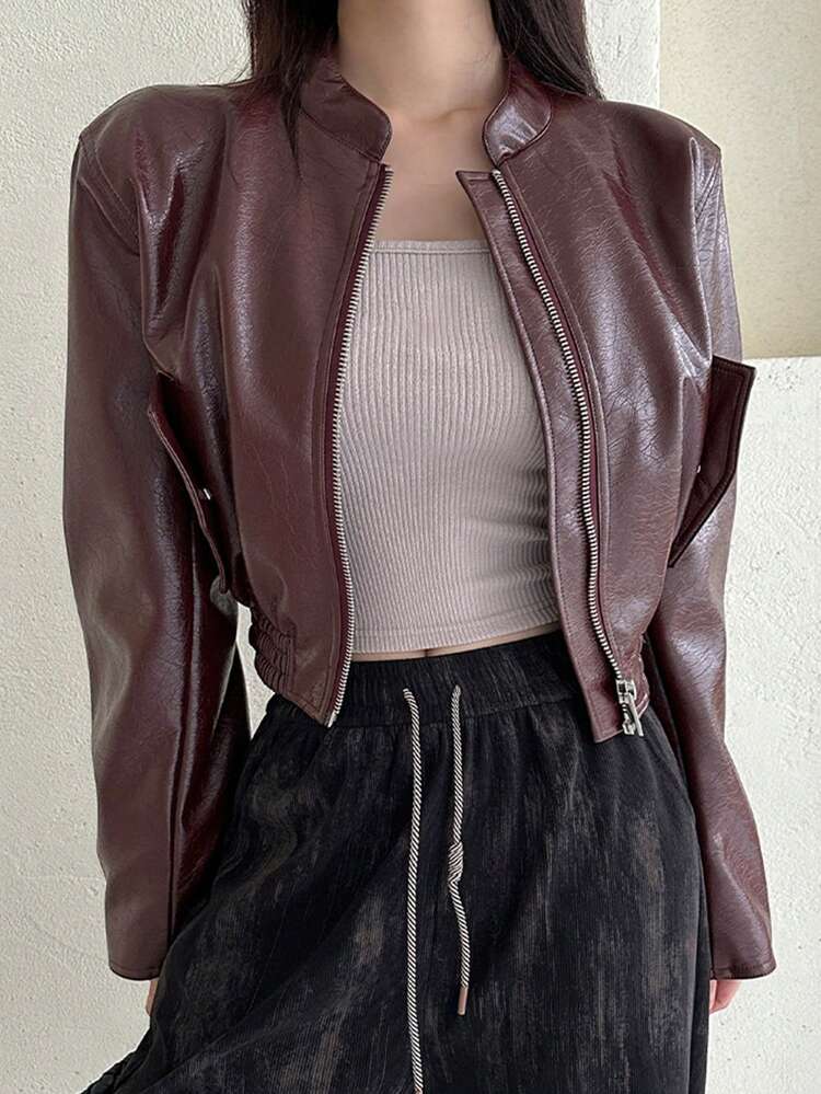 Women's Short PU Leather Jacket, Stylish Motorcycle Leather Coat, Regular Outerwear For Autumn/Winter