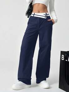 SHEIN EZwear 女性拼接色彩不對稱腰身直筒休閒褲，設有口袋 - 藏蓝色 - 查看 5