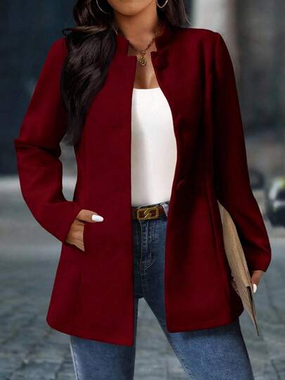 SHEIN PETITE CURVE 大码女式优雅立领带口袋大衣