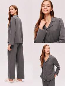 LUVLETTE 灰色柔软磨毛棉基本款睡衣套装 女士家居服套装 女士睡裤套装 带口袋 秋季睡衣 - 深灰色 - 查看 2