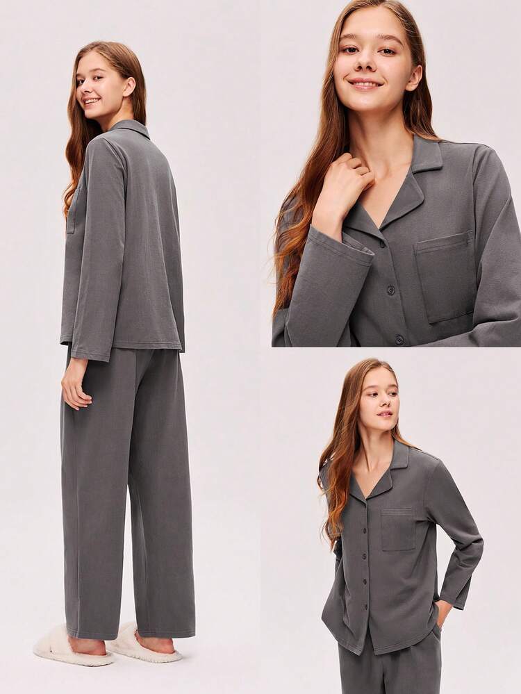 グレーソフトブラッシュドコットンベーシックパジャマセット レディースルームウェアパジャマセット ポケット付きパンツ 秋用パジャマ