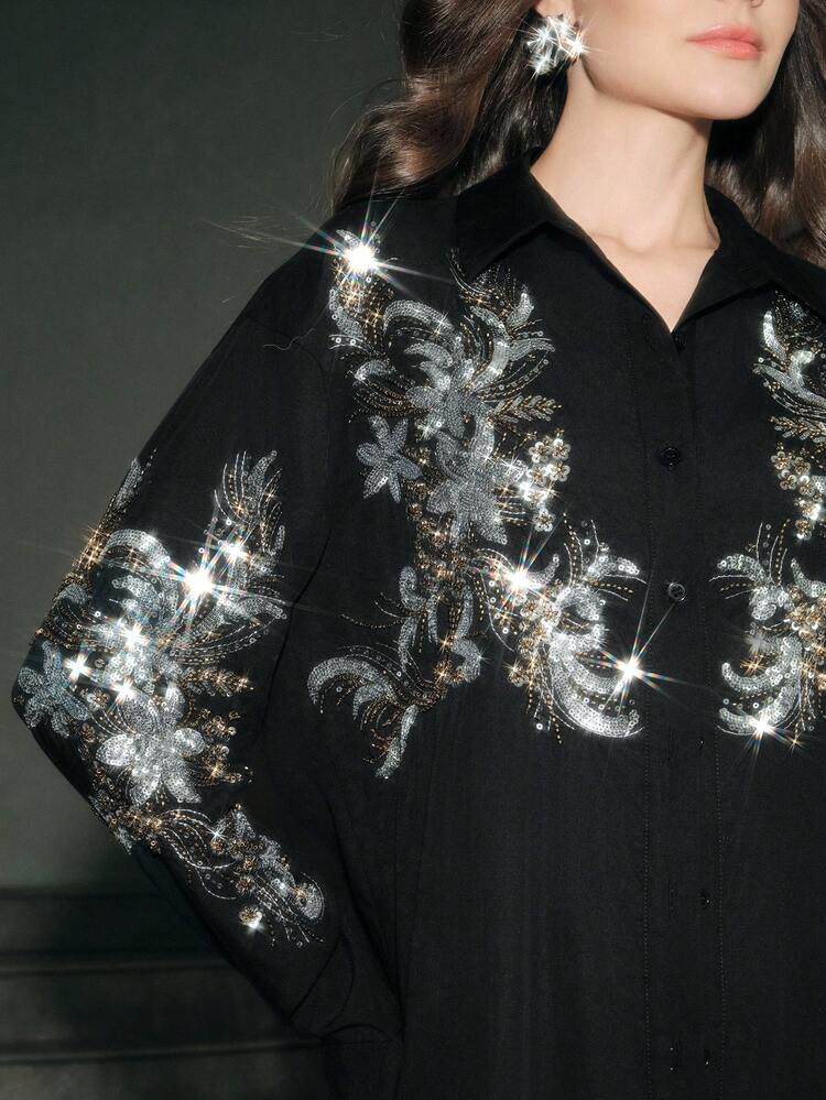 Damen elegante Weihnachts- & Halloween Vintage Chic schwarze Kragen Langarm Bluse, luxuriöse silberne Pailletten Blumenstickerei Dekor, locker vielseitiges Top, geeignet für Frühling, Sommer, Herbst, Festivals, Feiertage, Urlaub, elegant, Business Lässig