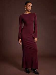L'Amorae Soft Knit Flowy Adjustable Open Back Long Sleeve Maxi Dress