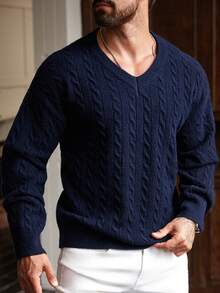 Manfinity Homme Men's V-Neck Long Sleeve Casual Sweater With Cable Pattern, Autumn/Winter Navy Blue Sweater Jumper For Men - Navy Blue - View 3