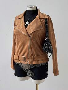 Sunspun Plus Size Women Casual Retro Suede Jacket - Camel - View 5