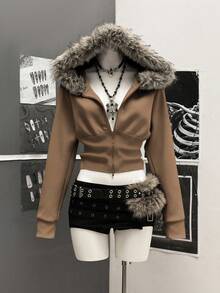 StreetHx 女式街头风连帽毛领修身长袖夹克，秋季 - 摩卡棕 - 查看 1