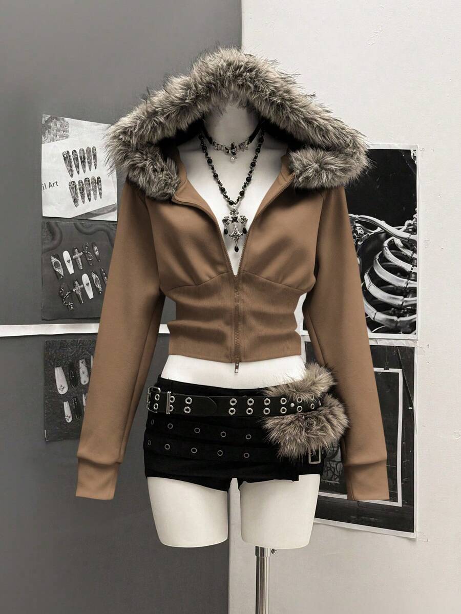 StreetHx 女式街头风连帽毛领修身长袖夹克，秋季 - 摩卡棕 - 查看 1