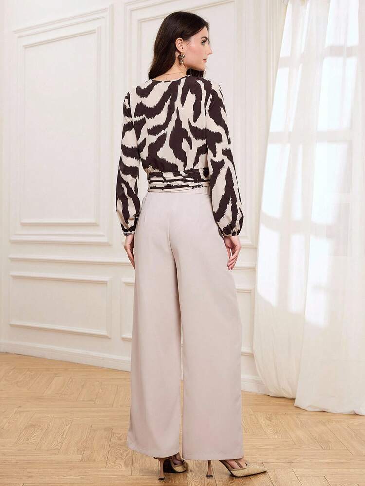 Ensemble 2 pièces chemise et pantalon imprimé couleur contrastée, mode femme pour le travail