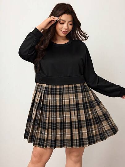 Enliva Plus Size Women Plaid Patchwork Long Sleeve Sweatshirt Dress, Suitable For Autumn/Autumn /Winter