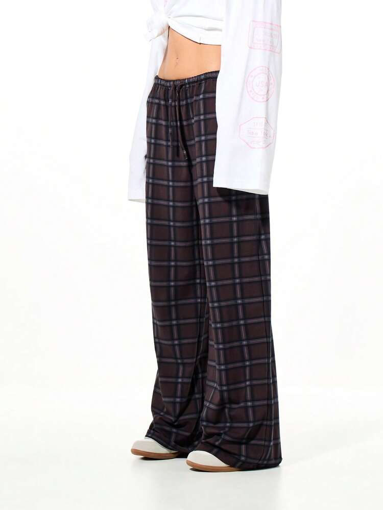 SUMWON Checkered Plaid Lounge Pants With Back Text Graphic Print For Women