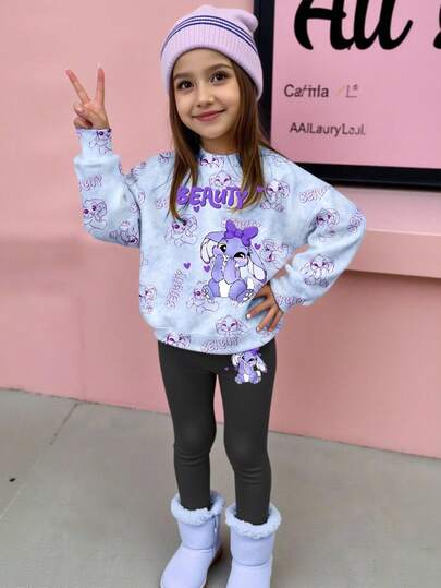 Modny, swobodny, dziewczęcy strój na powrót do szkoły z uroczym króliczkiem i cyfrowym nadrukiem w kolorze niebieskim, bluza z okrągłym dekoltem i legginsy z kreskówkową kreskówką, uniwersalny garnitur dla dziewczynek