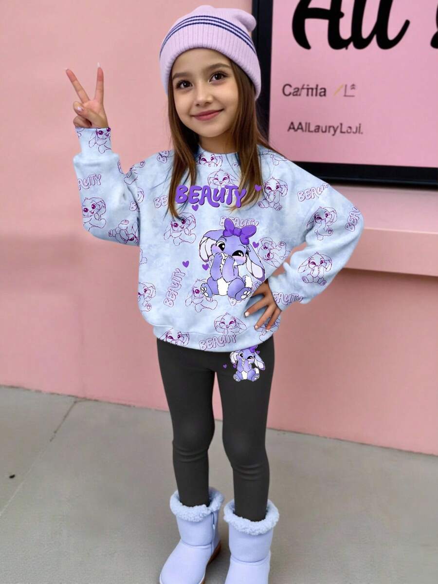 Modny, swobodny, dziewczęcy strój na powrót do szkoły z uroczym króliczkiem i cyfrowym nadrukiem w kolorze niebieskim, bluza z okrągłym dekoltem i legginsy z kreskówkową kreskówką, uniwersalny garnitur dla dziewczynek