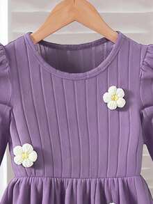 Elladie kids Robe en tricot texturé à col rond, manches raglan et taille marquée, couleur unie, style décontracté et mignon pour filles