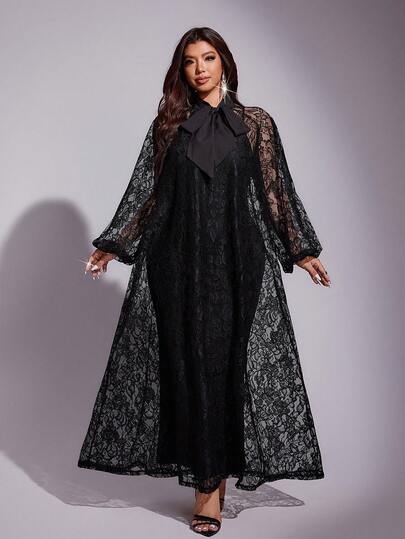 Viva Relle Plus Size Women Elegant Sheer Lace Tie Bow Puff Sleeve Slip Dress, Versatile Fashion For Party, Night Out, Halloween, Christmas, Autumn/Winter, Suitable For Wedding Guest, Ball Gown