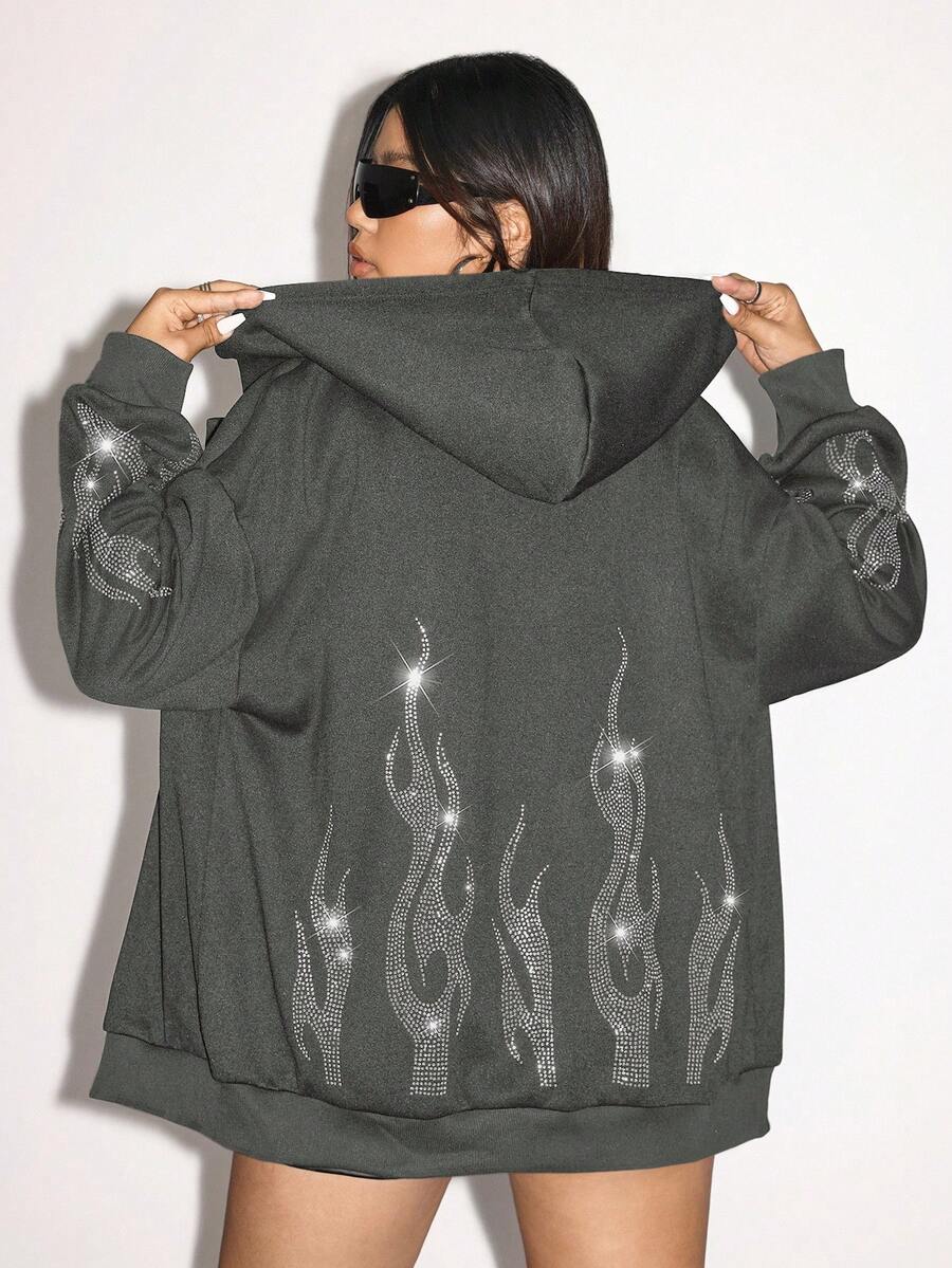 SHEIN ICON Plus Size Autumn/Winter Fashion Flame Rhinestone Sweatshirt - Grey - View 1