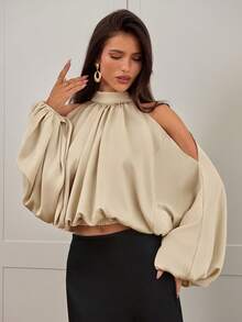 Aloruh 女式新款缎面衬衫，长袖上衣，纯色香槟白色，泡泡袖设计，优雅性感派对装，秋冬 - 杏色 - 查看 5