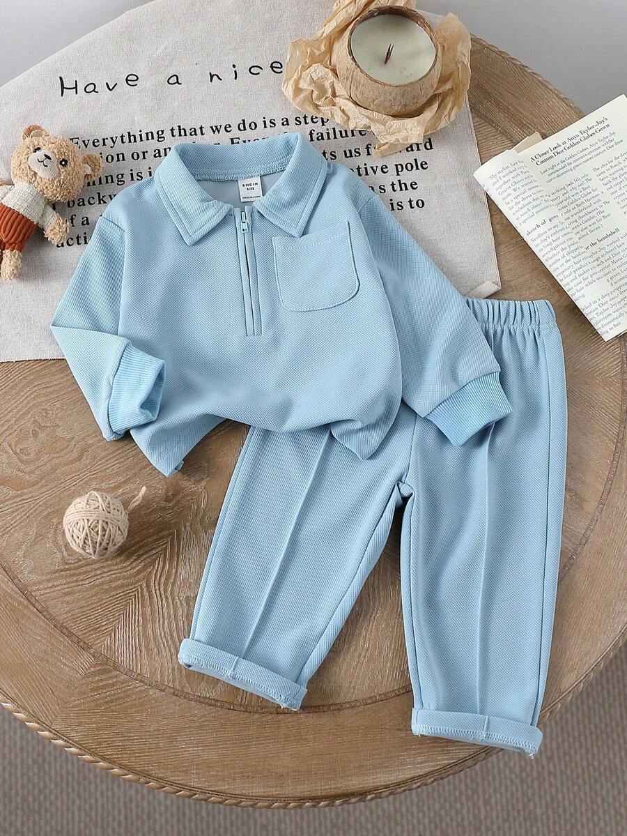 Genkimix Kids Ensemble Top à manches longues zippé à col et pantalon gris unicolore simple, pour garçon. Convient pour les sorties, les loisirs et le port quotidien