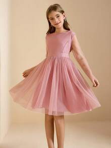 Tween Girl Solid Color Round Neck Mesh Patchwork Long Sleeve Party Dress - Dusty Pink - View 3