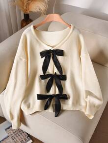 CosyJoli Cardigan élégant et sophistiqué en tricot avec nœud papillon, style français décontracté et minimaliste. Convient pour les femmes en grande taille, pour l'hiver - Nude - Voir 3