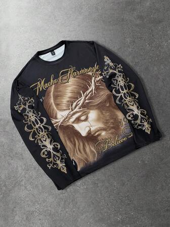 Street Life Herren Slogan Muster Rundhals Loose Fit Langarm Lässig T-Shirt