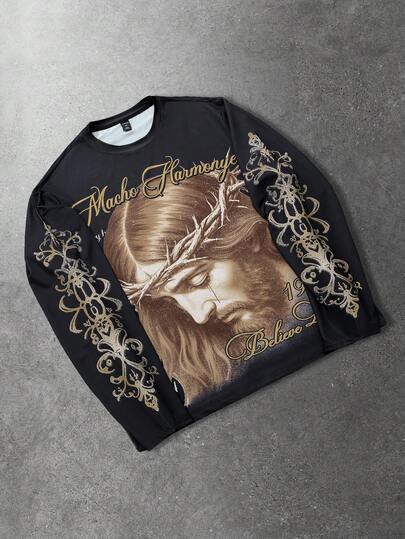 Street Life Men's Slogan Print Crew Neck Jesus Loose Fit Long Sleeve Casual T-Shirt
