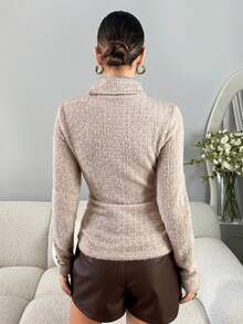 SHEIN Clasi 女式秋冬高领打底 T 恤，舒适有弹性，百搭 - 杏色 - 查看 2