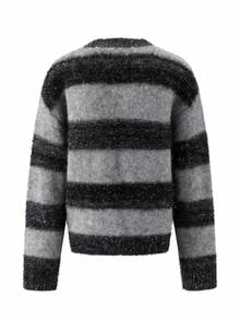 Louniche Jersey de punto con cuello redondo, manga larga y lentejuelas de color contrastante, minimalista para mujer