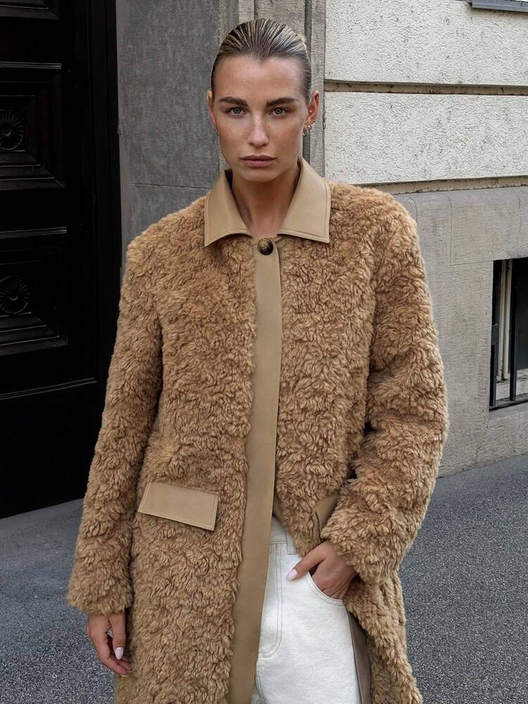 2025 New Winter Women's Faux Fur Coat, Modern Urban Style, Camel Color, Soft & Comfortable Fabric, Loose H-Silhouette, Lapel Patchwork Faux Fur, Casual Commuter, Pockets, Daily Wear, Autumn/Winter, Bestselling Solid Color, Halloween & Christmas, Women's Office Wear, Comfortable Fabric, Women's Outerwear, Button Closure, Fashionable & Versatile Faux Fur Coat