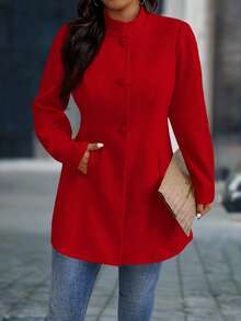 SHEIN PETITE CURVE 大码女式优雅立领带口袋大衣 - 紅色 - 查看 3