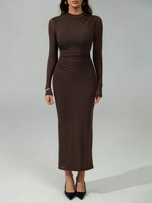 SHEIN Tall Damen Kaffeefarbe Langarm Lässig Kleid, geeignet für urbane Pendler, Geschäft, elegante Party, Halloween, Weihnachten - Braun - Übersicht 10