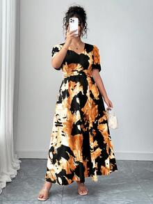 Elenzga Plus Size Elegant Princess Sleeve V-Neck Pleated Dress Cheetah Print Plus Size - Black - View 5