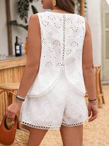 SHEIN Clasi Plus Size Women's White Summer Boho Beach Holiday Elegant Set,Hollow Textured Embroidery Sleeveless Top & Lace Trim Shorts Bohemian Vacation 2pcs - White - View 2