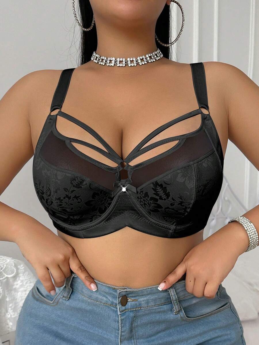 Sujetador con aros de unicolor y parches de jacquard de talla grande, que levanta - Negro - Ver 1