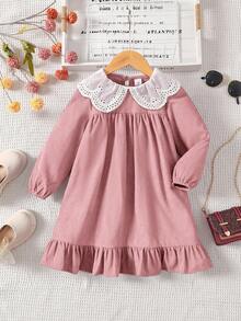 Emery Rose Kids Emery Rose Kids 兒童粉色夏季家庭套裝度假女童燈芯絨拼接蕾絲領長袖秋冬洋裝，休閒A字版生日服 - 藕粉色 - 查看 2
